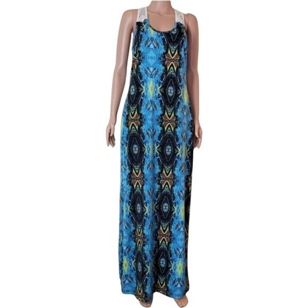 Derek Heart Long Maxi Dress Womens L Blue black Abstract Tribal crochet Boho Y2K